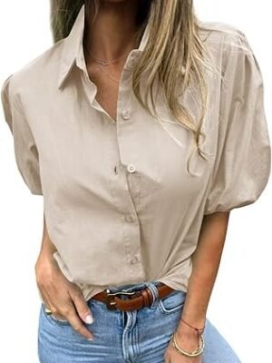 Tankaneo Women's Button Down Shirts Short Puff Sleeve Collared Dressy Casual Blouse Tops