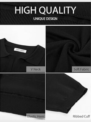 Kate Kasin Women Short Sleeve Polo Sweater V Neck Knitted Tops Casual Ribbed Shirt Loose Pullover Sweater