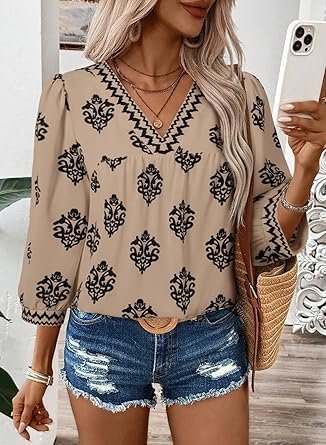 SHEWIN Women's Casual V Neck Floral Blouse