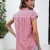 LOMON Womens Button Down Shirts Short Cap Sleeve Summer Cotton V Neck Collared Stripes Blouses Casual Plaid Tops
