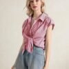 LOMON Womens Button Down Shirts Short Cap Sleeve Summer Cotton V Neck Collared Stripes Blouses Casual Plaid Tops