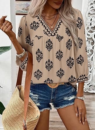 SHEWIN Women's Casual V Neck Floral Blouse