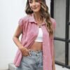 LOMON Womens Button Down Shirts Short Cap Sleeve Summer Cotton V Neck Collared Stripes Blouses Casual Plaid Tops