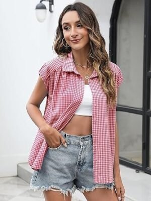 LOMON Womens Button Down Shirts Short Cap Sleeve Summer Cotton V Neck Collared Stripes Blouses Casual Plaid Tops