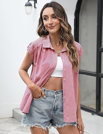 LOMON Womens Button Down Shirts Short Cap Sleeve Summer Cotton V Neck Collared Stripes Blouses Casual Plaid Tops