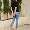 Kate Kasin Women Short Sleeve Polo Sweater V Neck Knitted Tops Casual Ribbed Shirt Loose Pullover Sweater