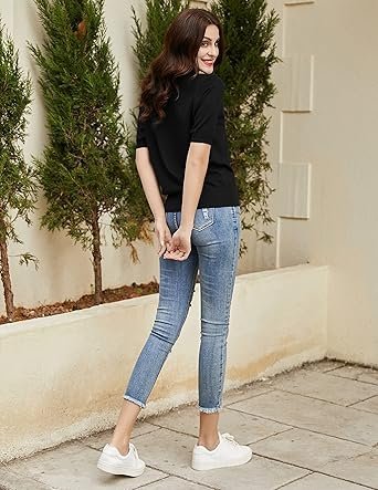 Kate Kasin Women Short Sleeve Polo Sweater V Neck Knitted Tops Casual Ribbed Shirt Loose Pullover Sweater