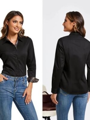 WARHORSEE Womens Cotton Button Down Dress Shirt Long Sleeve Easy Care Dressy Work Tops Business Casual Blouses for Women